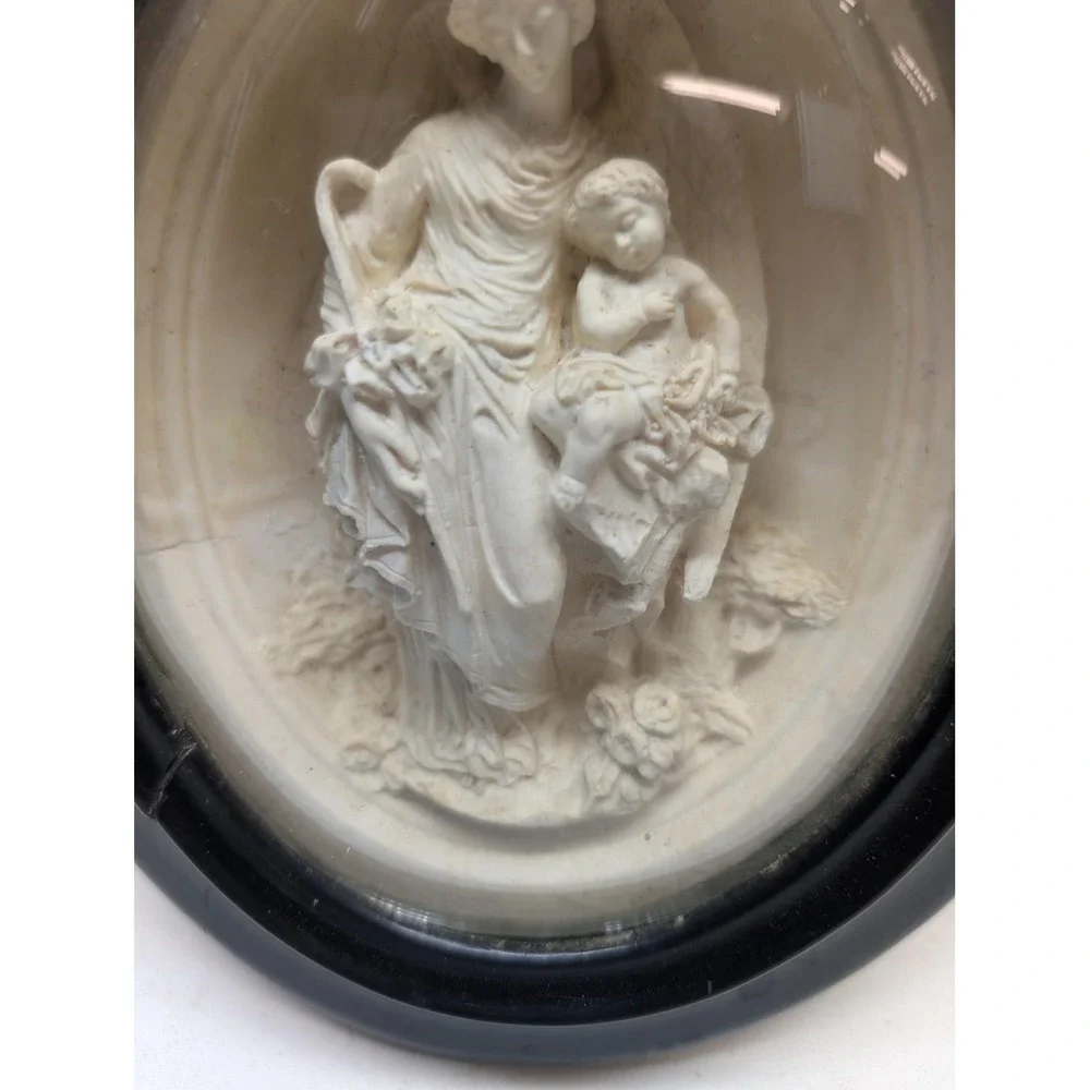 Vintage Guardian Angel Child Oval Relief Wall Plaque Black Frame Christian Decor
